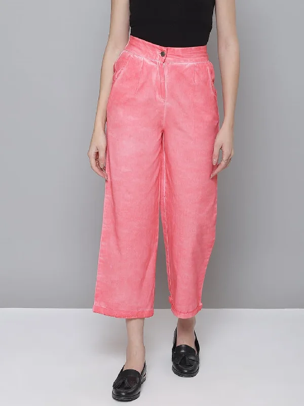 Women’s printed wide-leg pants for trendy vibe -Pink Twill Pigment Wash Straight Pants