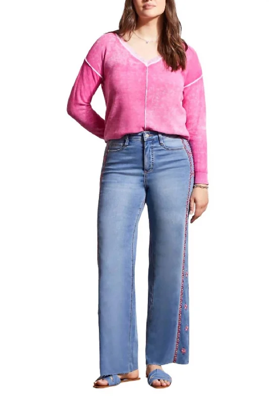 Women’s satin wide-leg pants for evening wear -Brook Embroidered Wide Leg Jeans In Blue Lotus