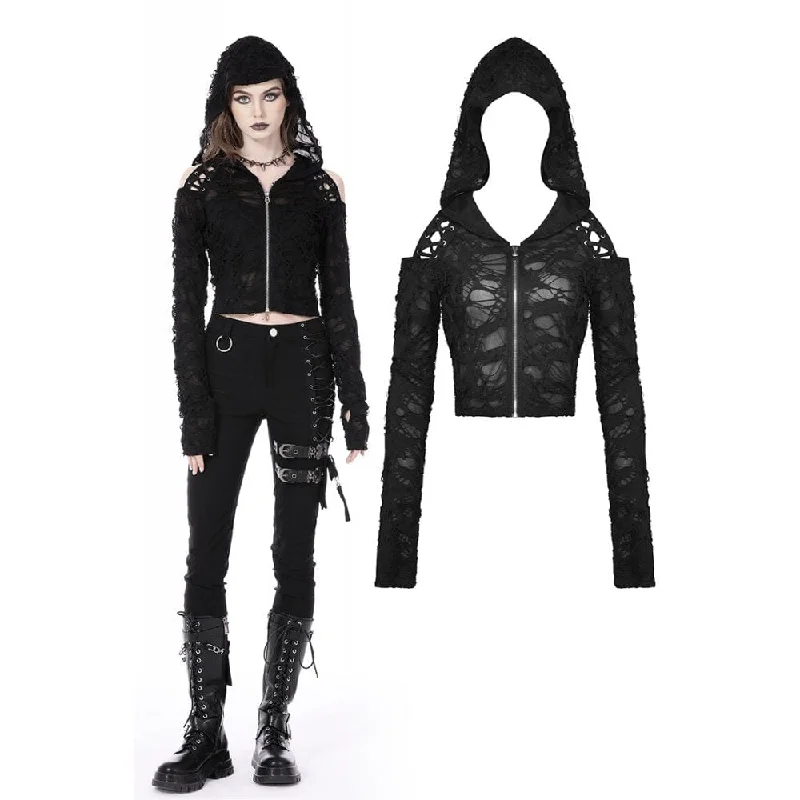 Women’s wool coats for elegance -Women's Punk Off Shoulder Ripped Zipper Jacket