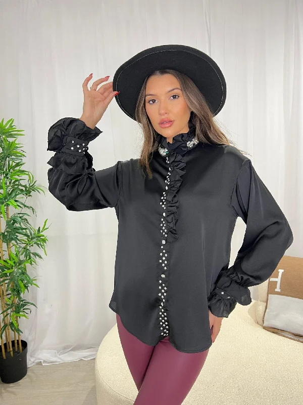 Lightweight women’s tops for layering in spring -Black Frill Collar Shirt