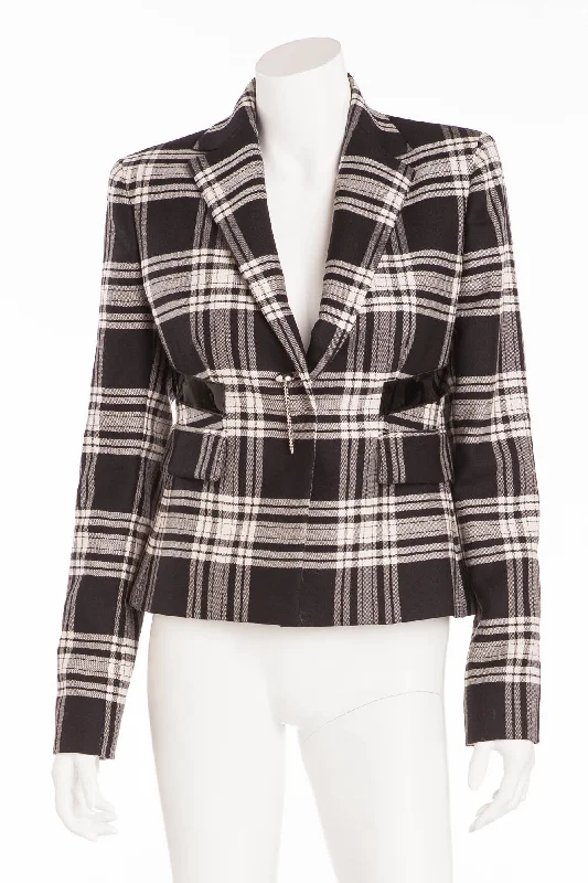 Women’s oversized wool coats for cozy winter -Versace - Patent Leather Trim Plaid Wool Twill Blazer  - IT 42