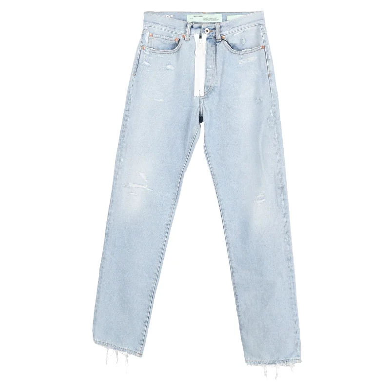 Women’s knee-length pants for summer comfort -Off-White c/o Virgil Abloh Mid-Waist Distressed Jeans in Light Blue Cotton