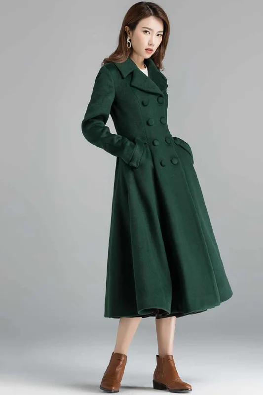 Women’s belted coats for elegant silhouette -Vintage inspired Long wool green coat  2398