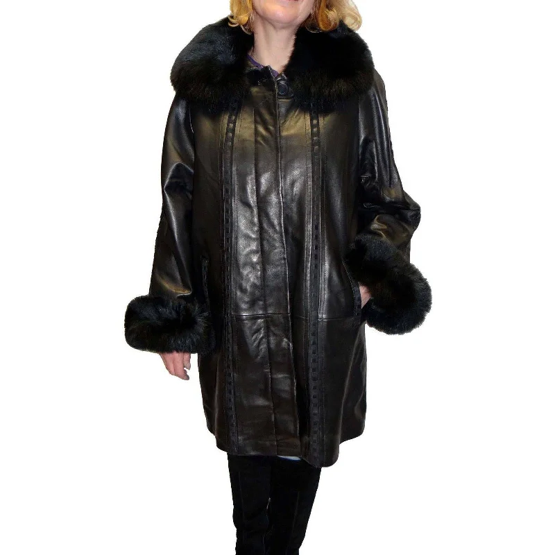 Women’s trench coats with plaid lining -Knoles & Carter Women's Plus Size Leather Coat with Fox Fur Collar