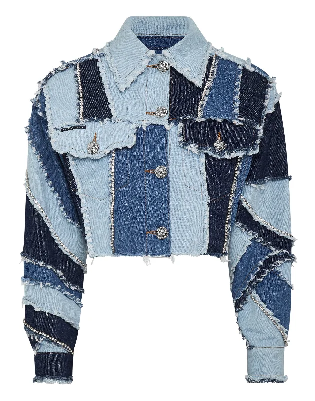 Women’s belted coats for elegant silhouette -Denim Cropped Jacket Patchwork