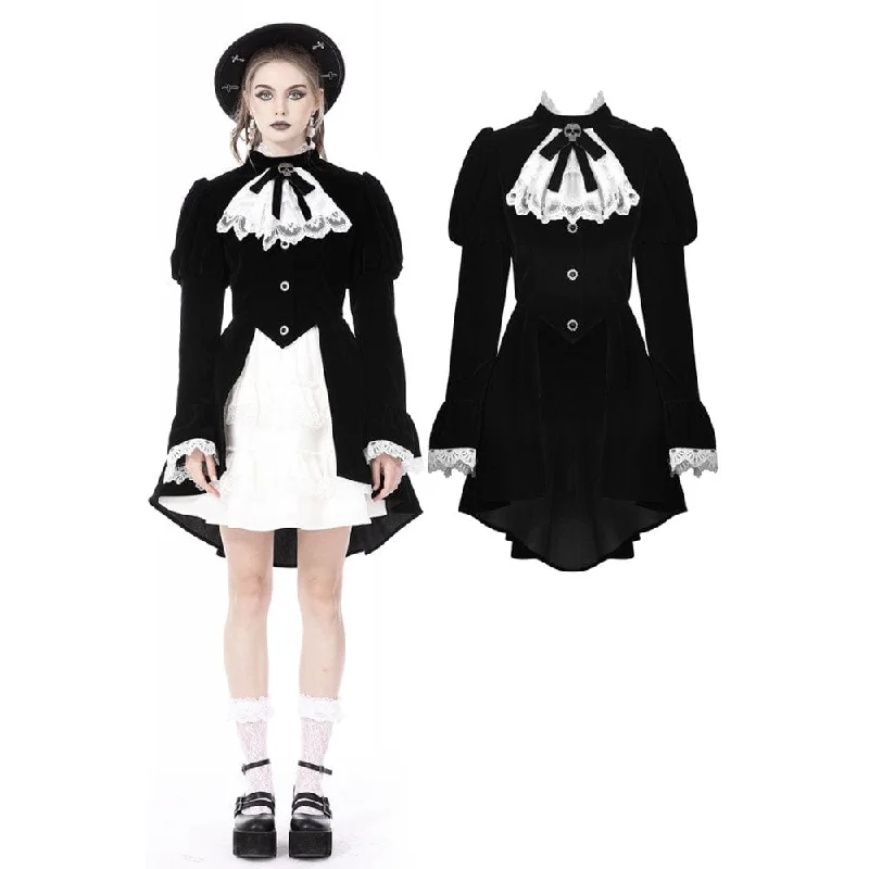 Plus size women’s coats for warmth -Women's Gothic Puff Sleeved Frilly Necktie Velvet Jacket