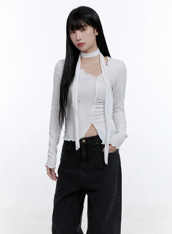 Sleeved women’s tops for business casual look -Shirring Detail Slim-Fit Crop Top CD419