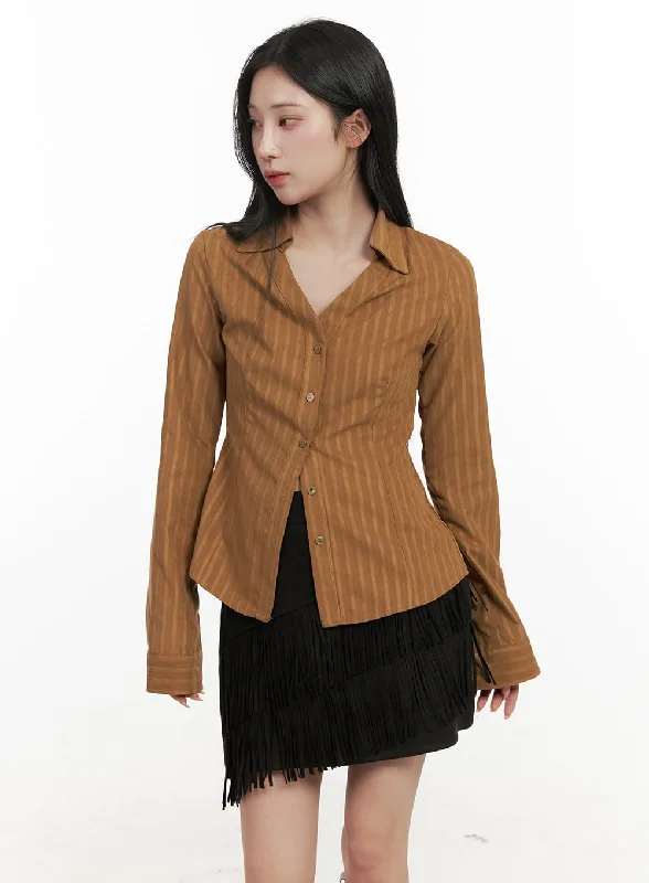 Button-down women’s tops for casual wear -Striped Collared Buttoned Blouse CD409