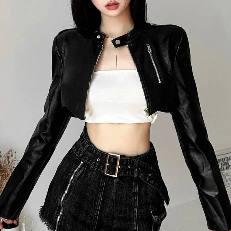 Women’s fur-lined coats for cozy feel -Women's Punk Buckle Faux Leather Short Jacket