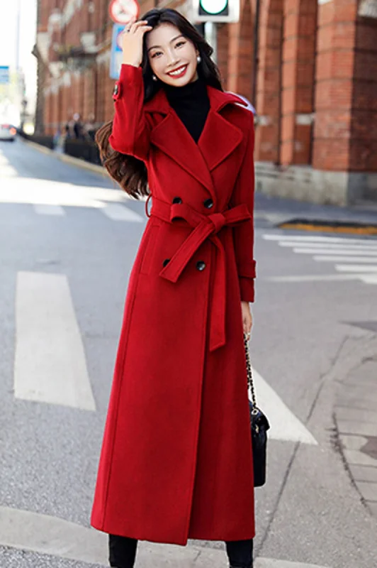 Women’s denim coats for laid-back vibe -Winter warm long red wool coat  3190