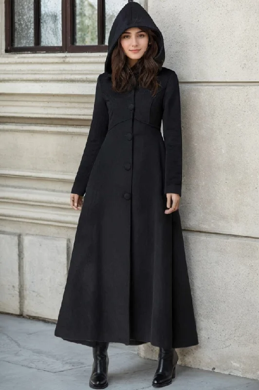 Women’s peacoats for nautical-inspired fashion -Black hooded maxi coat for winter 1839#