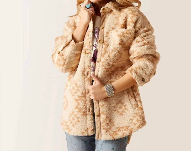 Women’s winter coats with fur collar -Sherpa Shirt Shacket In Natural Southwest Print