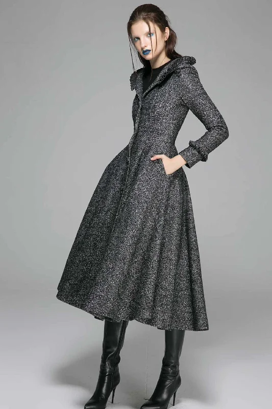 Women’s military-inspired coats for tough chic -Hooded maxi wool dress coat with ruffle detail 1369#