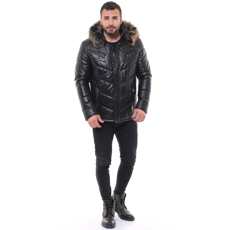 Women’s down-filled coats for warmth and comfort -Barya Men's Down Puffer Leather Coat