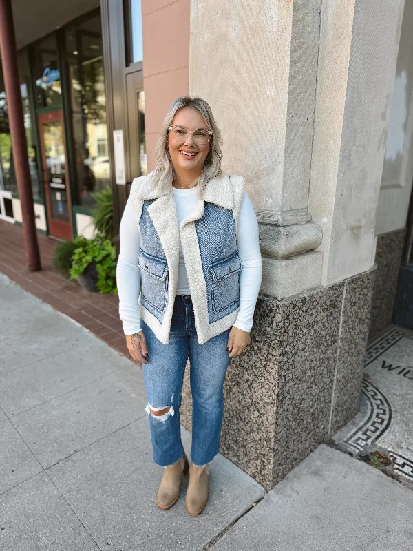 Women’s faux fur coats for luxe look -Denim and Sherpa Fur Vest