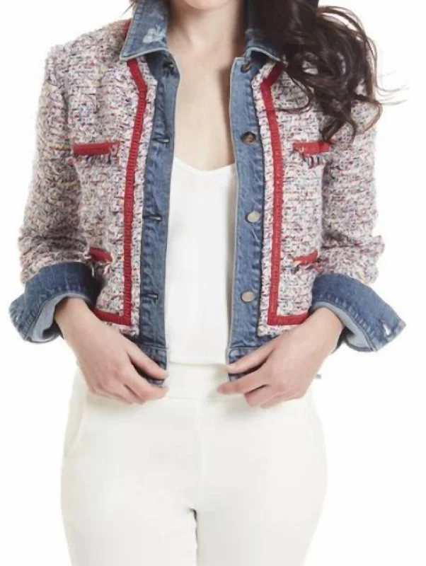 Plus size women’s coats for warmth -Denim And Tweed Jacket In Blue And White