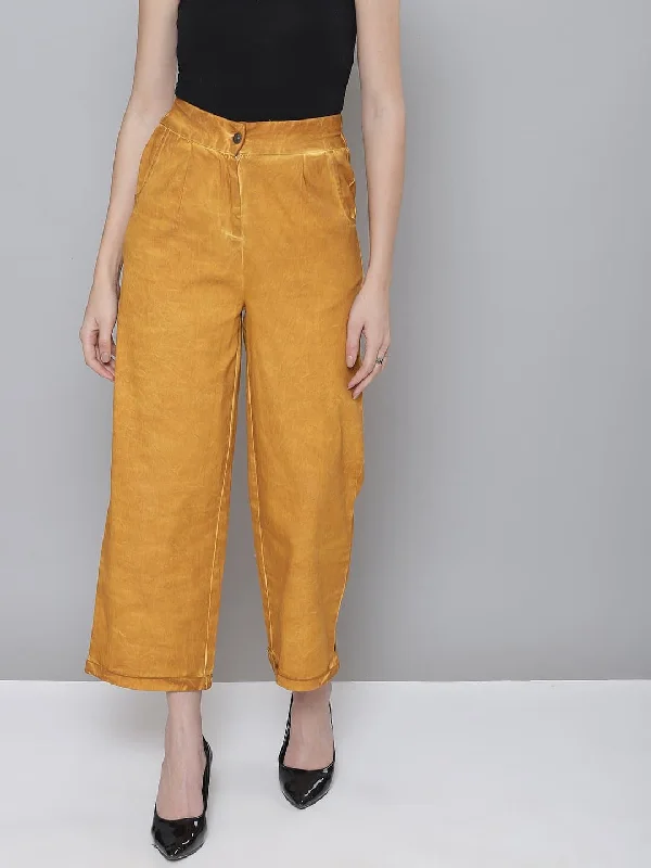 Women’s fleece-lined pants for winter warmth -Mustard Twill Pigment Wash Straight Pants