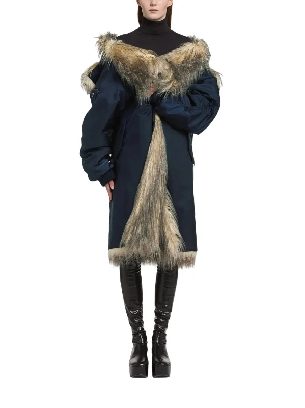 Women’s chic trench coats for everyday wear -Re-Nylon Faux Fur-Trimmed Coat In Navy