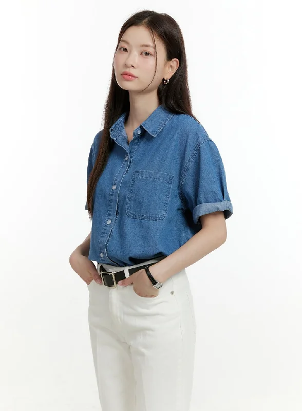 Sheer women’s tops for romantic looks -Denim Buttoned Collar Shirt OL423