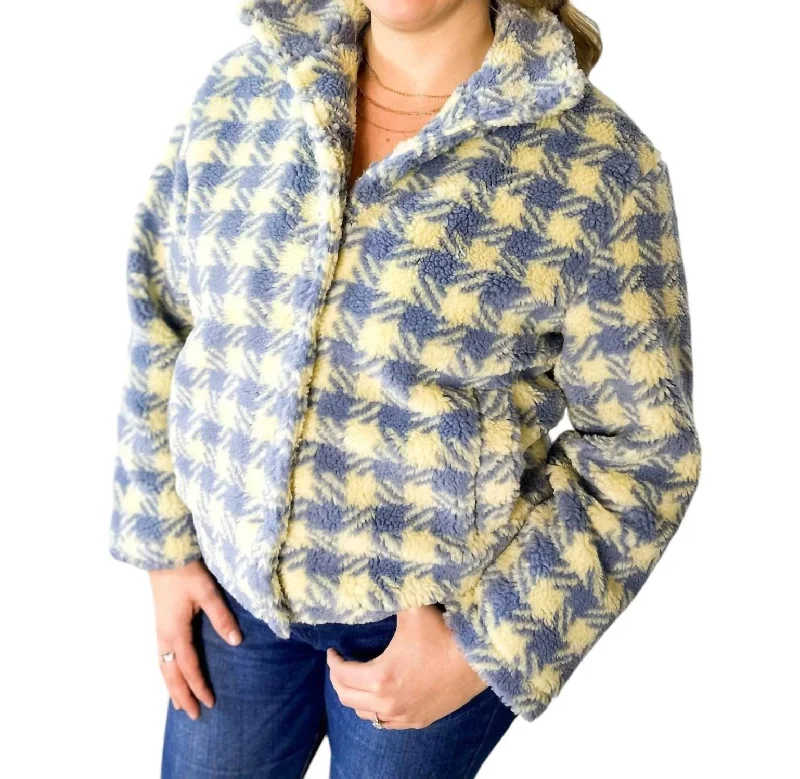 Women’s puffer coats for outdoor adventures -Plaid Sherpa Fleece Button Down Jacket In Blue/cream