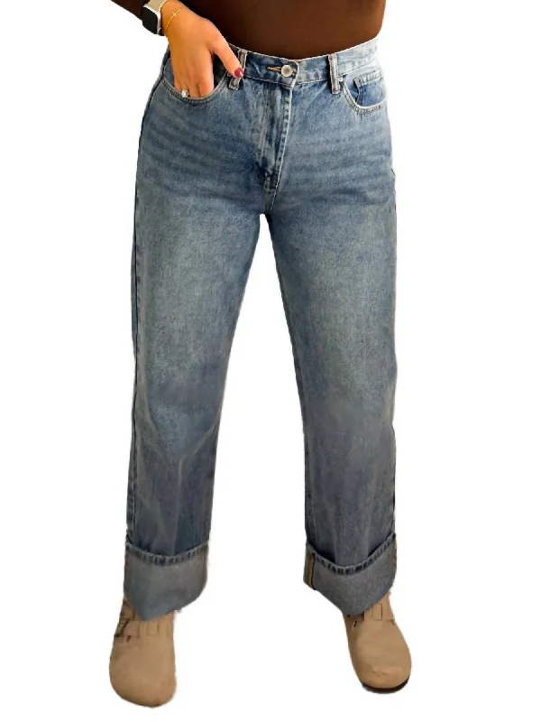 Women’s oversized pants for relaxed fit -Cuffed Boyfriend Denim Jeans In Blue