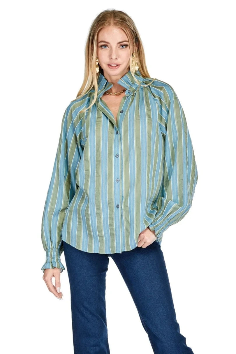 Women’s tops with sweetheart neckline -Gathers Neck Blouse - Sage Stripe