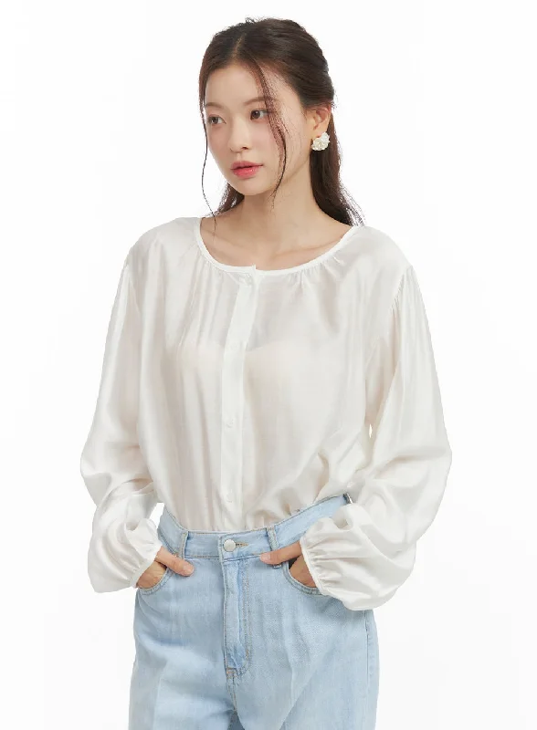 Women’s basic tops for versatile wardrobes -Sheer Shirred Button-Up Blouse OY417