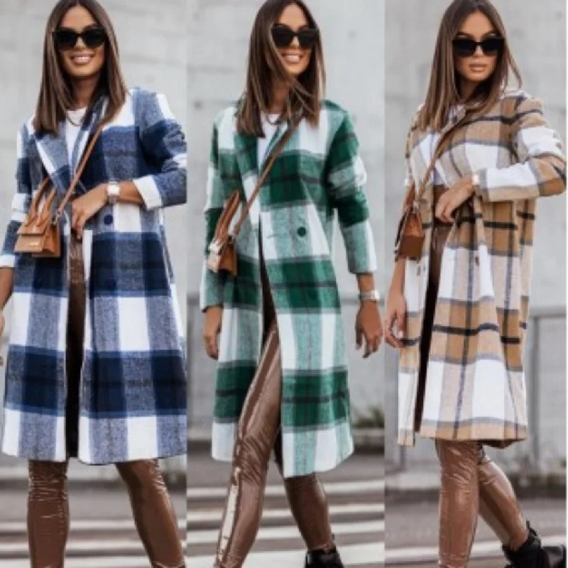 Women’s pleated coats for feminine silhouette -Printed Mid-length Plaid Wool Coat Women