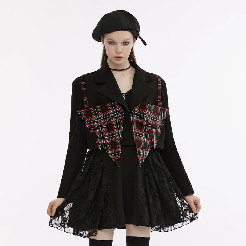 Women’s coats with belt for flattering fit -Women's Grunge Turn-down Collar Plaid Splice Jacket