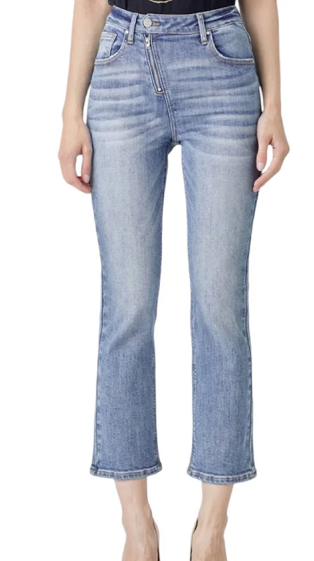 Women’s skinny pants for sleek fit -Straight Leg Asymetrical Zipper Jeans In Light Denim