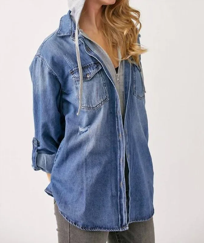 Women’s padded puffer coats for insulated warmth -Diane Hooded Shirt Jacket In Denim