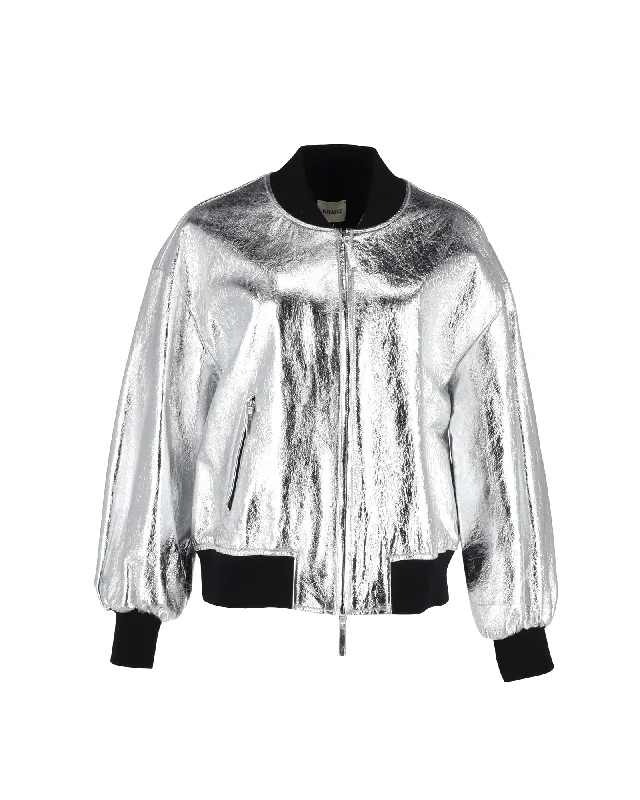 Women’s vegan leather coats for eco-friendly fashion -Khaite Cici Jacket in Metallic Silver Leather