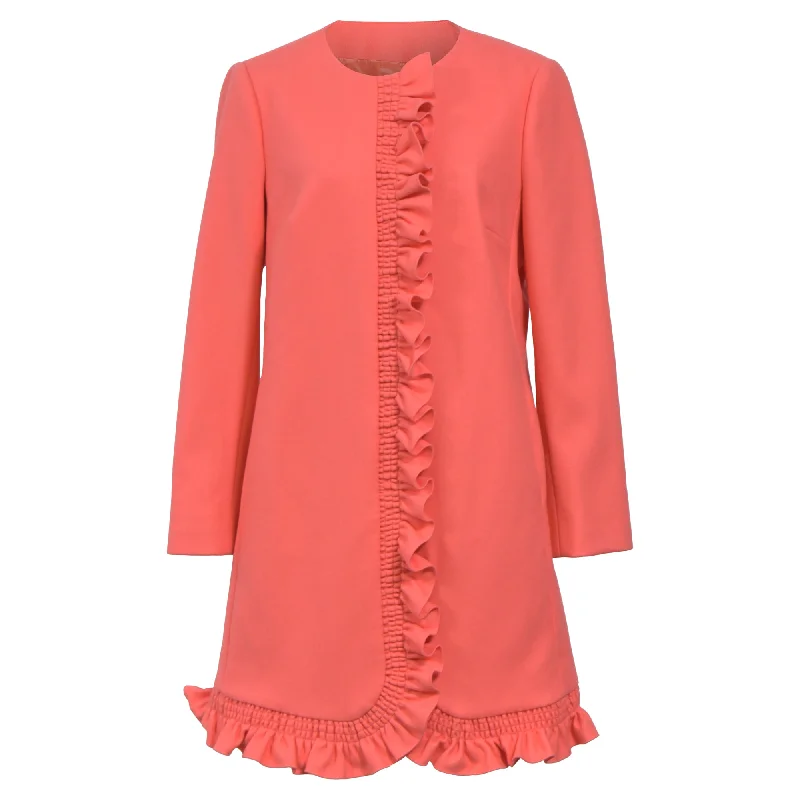 Women’s slim-fit coats for sleek silhouette -Red Valentino Ruffle Detail Coat in Pink Wool