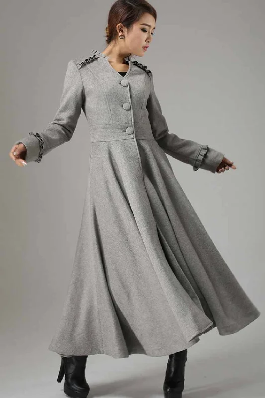 Long women’s coats for cold weather -Long Grey Swing wool Coat with Ruffle Details 0731#