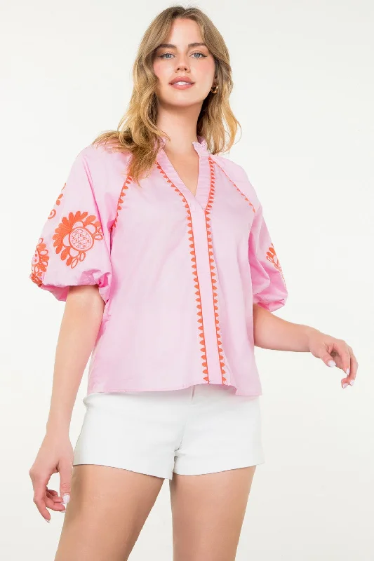 Women’s sleeveless tops for summer vacations -Pink Petal Puff Sleeve Top