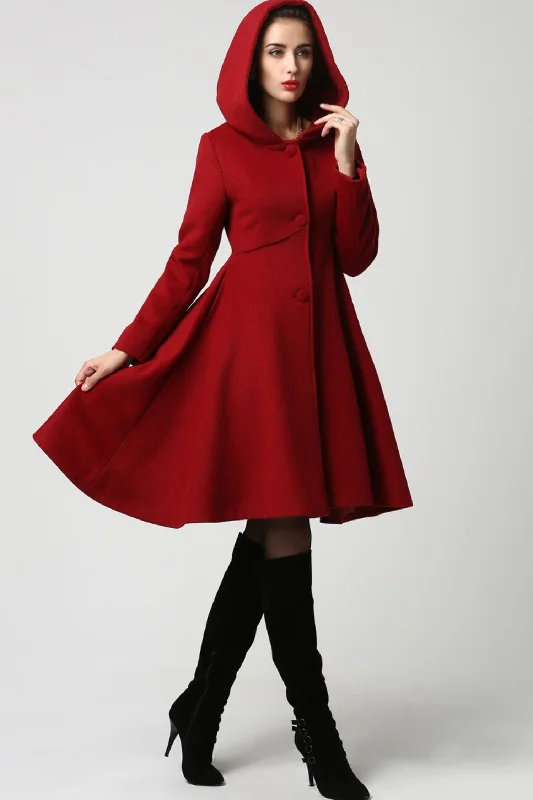 Women’s cashmere coats for luxury and warmth -Red wool coat with big hood swing coat 1117