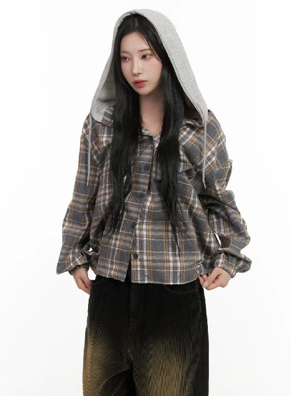 Loose women’s tops for everyday wear -Buttoned Check Hooded Blouse CD410