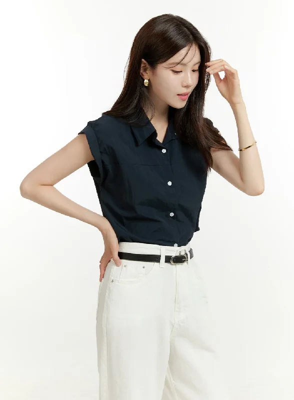 Casual women’s tops for vacation outfits -Collared Buttoned Sleeveless Shirt OU428