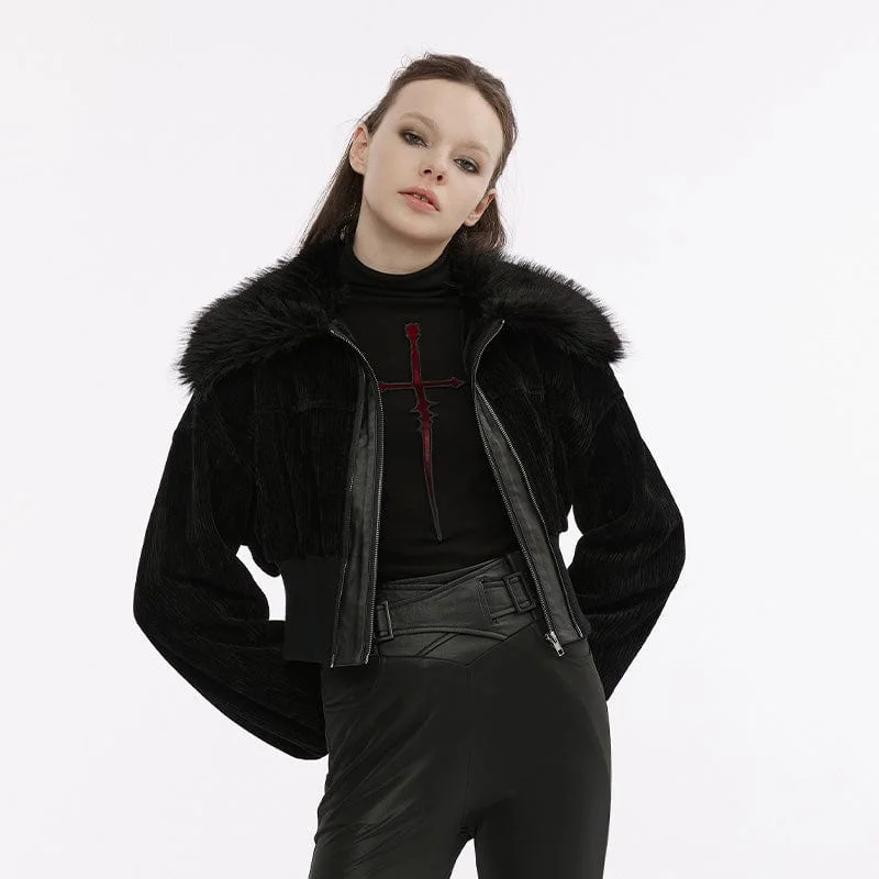 Tailored women’s coats for professional style -Women's Punk Fluffy Collar Double Zipper Jacket