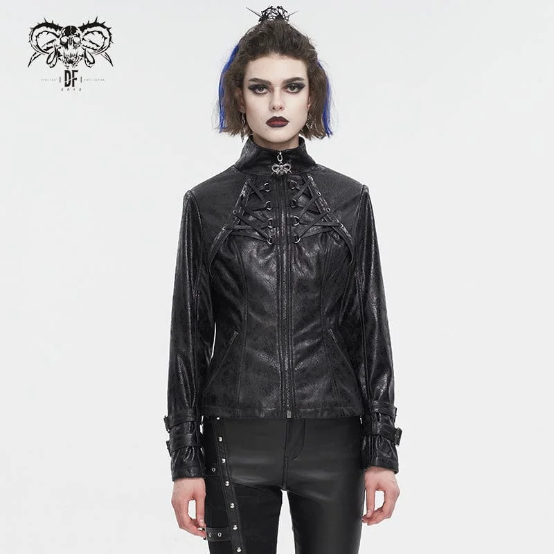 Stylish women’s coats for winter -Women's Punk Stand Collar Crackled Buckle Jacket