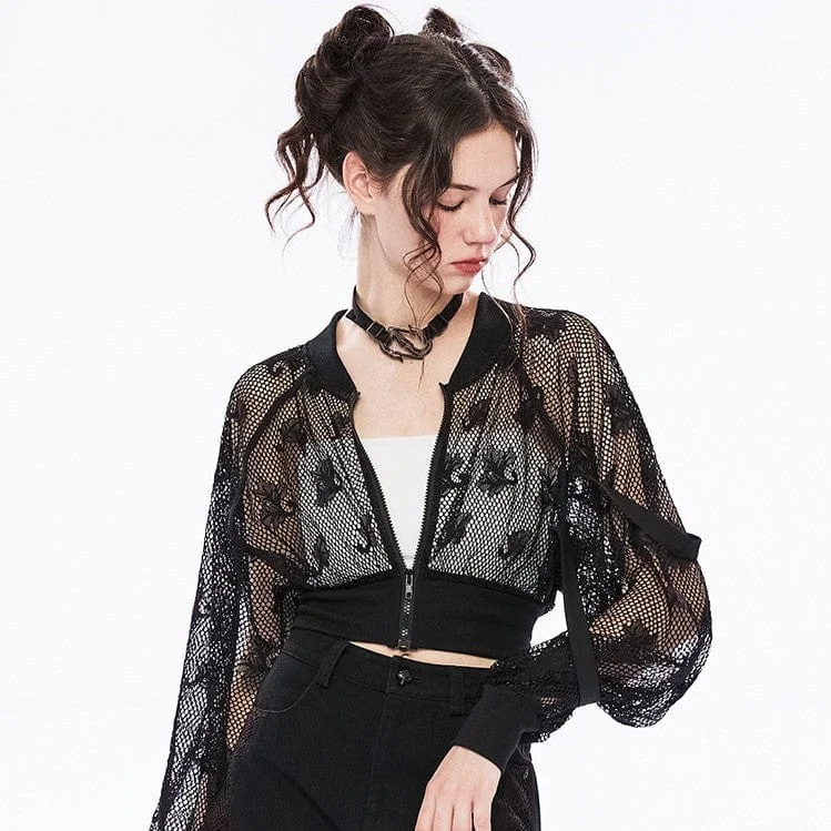 Women’s wrap coats for versatile fashion -Women's Punk Floral Sheer Mesh Short Jacket