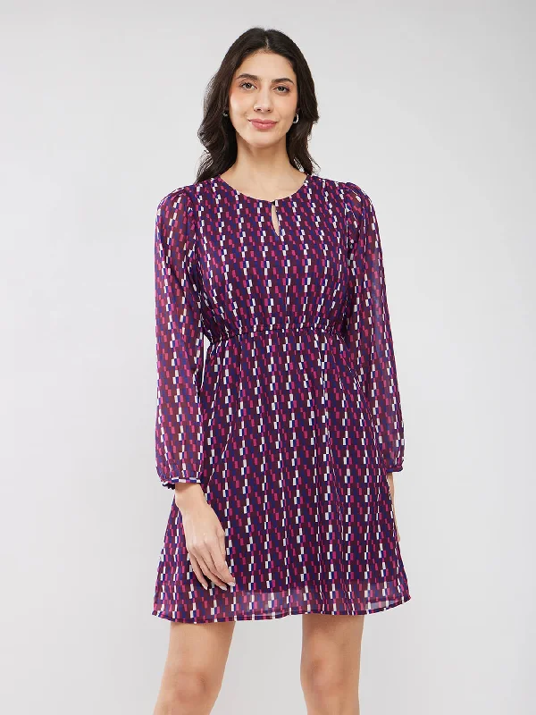 Women’s fit-and-flare dresses for flattering fit -A-line Geometric Print Dress - Purple