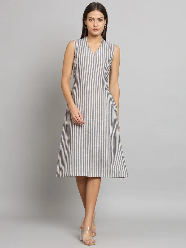 Women’s midi dresses for versatile style -A-line Striped Poly Linen Dress- Blue and Beige