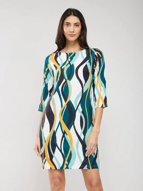 Women’s casual midi dresses for day outings -Abstract Print Dress - Off White And Teal