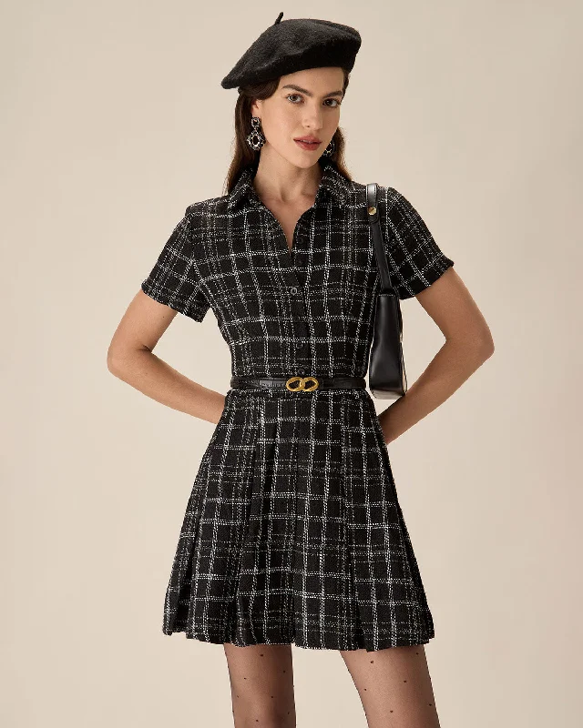 Women’s long-sleeve floral dresses for fall fashion -Black Plaid Tweed Mini Dress