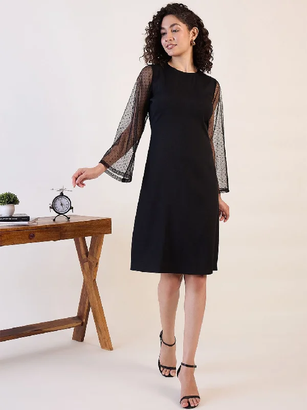 Women’s lace-up dresses for trendy touch -Black Sheer Sleeve A - Line Dress