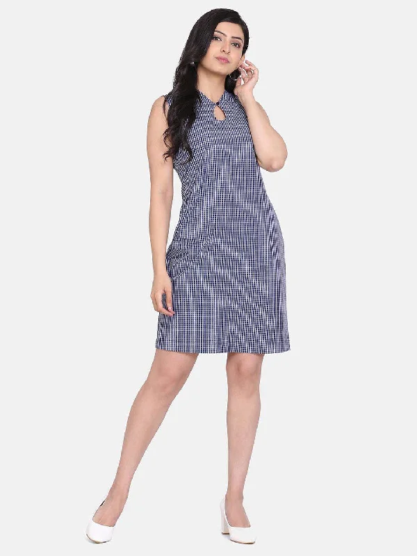 Women’s belted dresses for defined waistline -Gingham Check Cotton Shift Dress - Blue and White