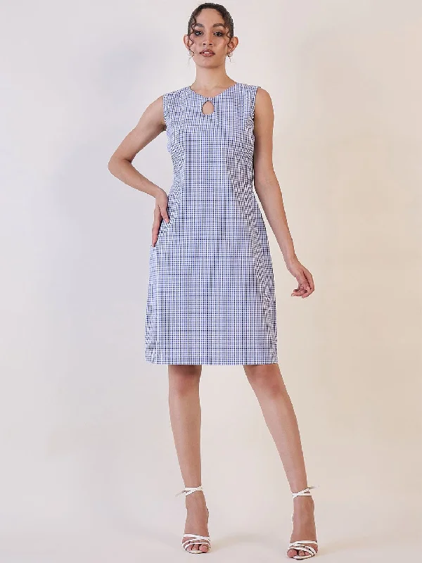 Women’s color-blocked dresses for modern style -Blue & White Gingham Check Cotton Shift Dress