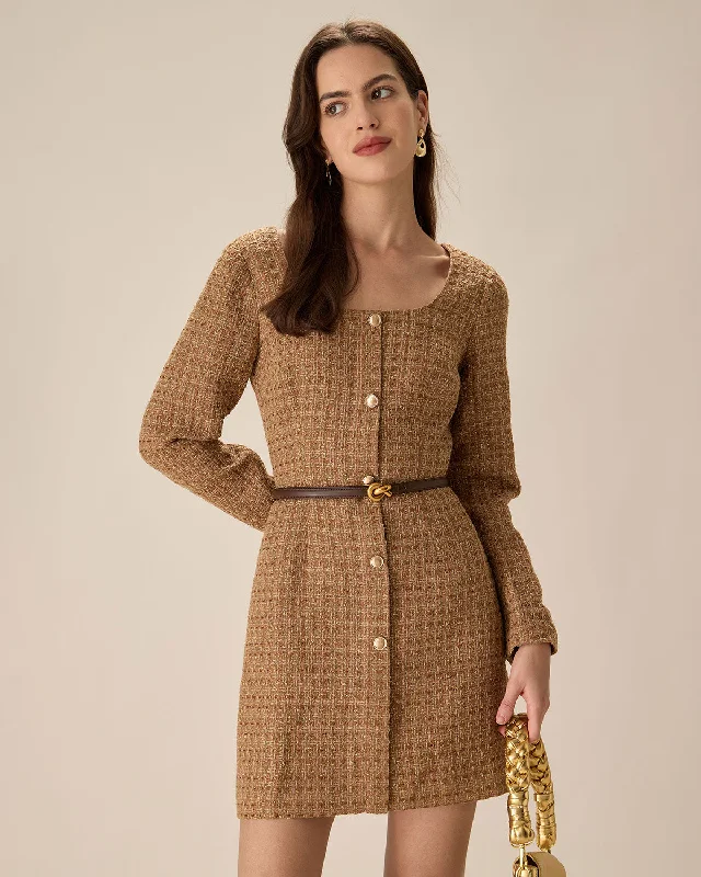 Women’s mini dresses for fun nights out -Brown U Neck Button-Up Tweed Mini Dress