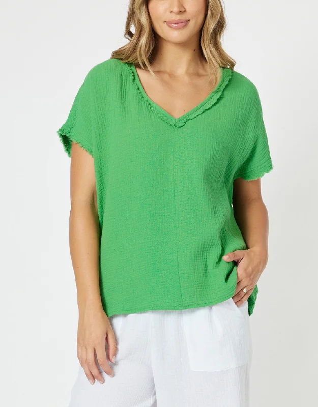 Women’s tops with sweetheart neckline -Byron Cotton V Neck Top - Emerald